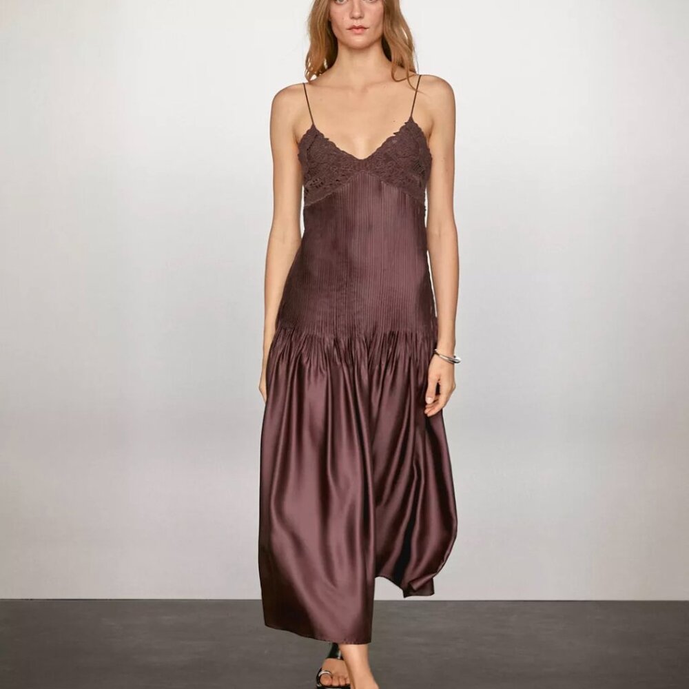 Massimo Dutti Satin Slip Midi Dress in Deep Brown